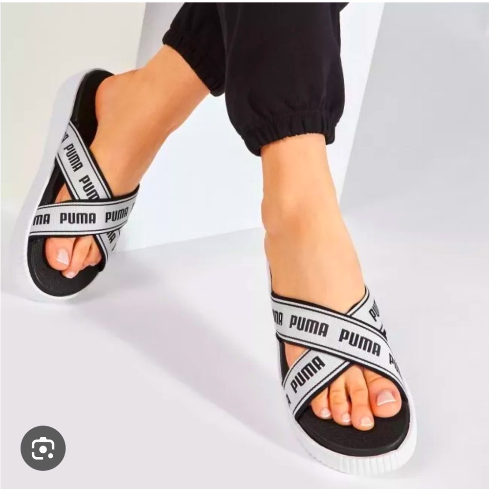 PUMA Logo Criss-Cross Black White  Tape Platform Slide Sandals New